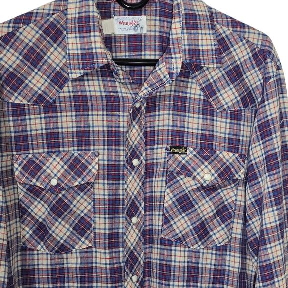 Vintage Wrangler Pearl Snap Long Sleeve Western Button Down Shirt Blue Tan Red L - Picture 3 of 7
